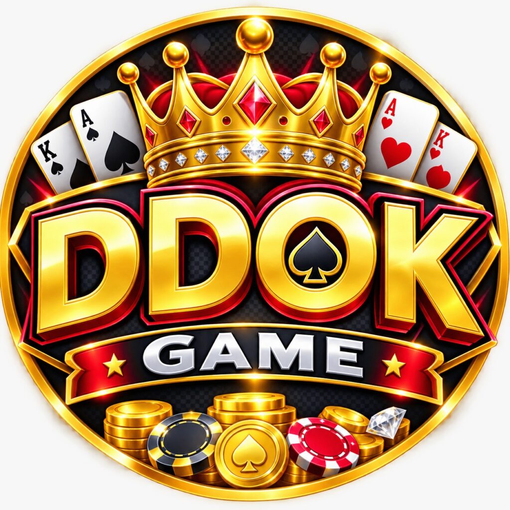 DDOK Game 3D logo with golden crown playing cards and gaming chips
